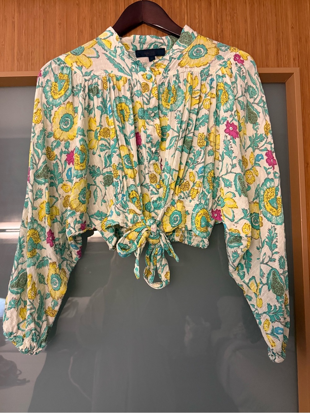 Rachel Roy Cropped Smock Button-down Balloon Sleeve Floral Top Size M